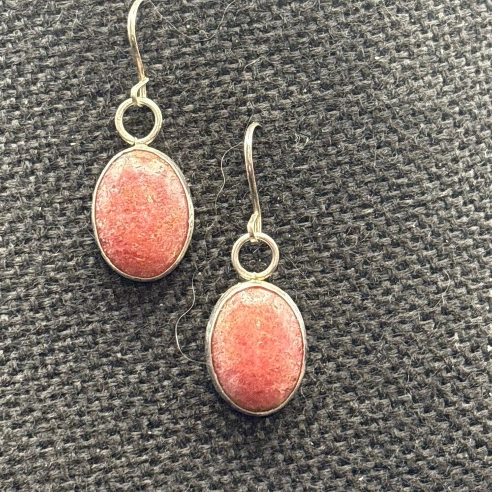 Pink Stone & Sterling Silver Dangle Drop Earrings, NEW, Rhodonite